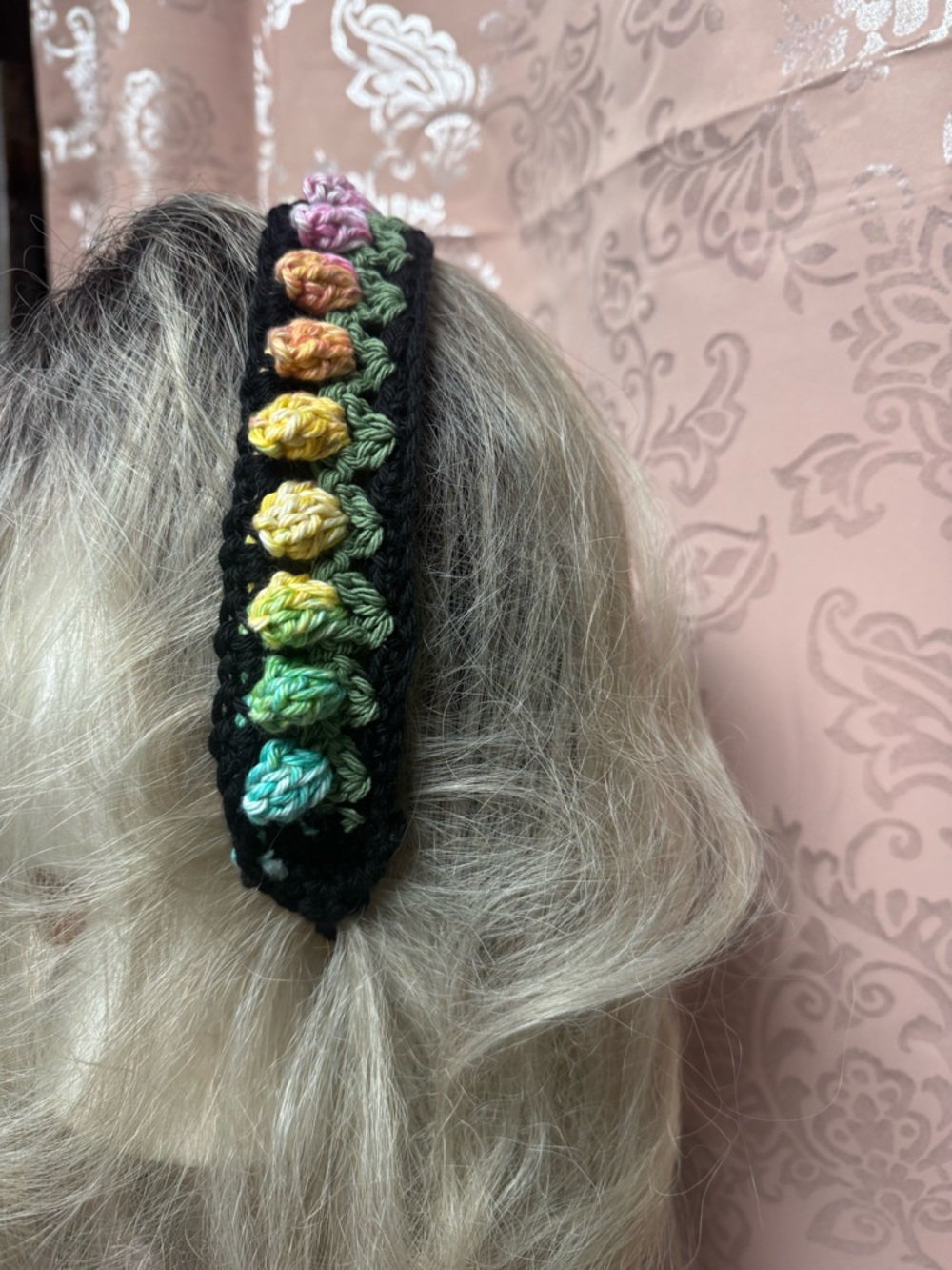 Hand Crafted Rainbow Shell Crocheted Headband with Black Trim
